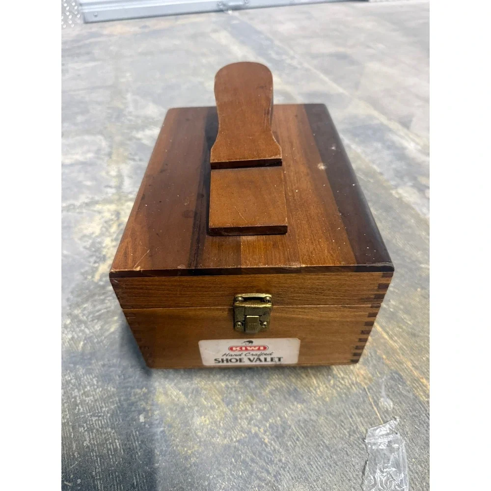 Vintage KIWI Hand‎ Crafted Shoe Valet Wooden Shine Box Dovetail Footrest Caddy